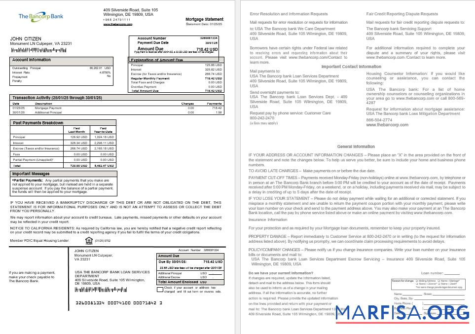 Realistic USA The Bancorp bank mortgage statement in Word and PDF formats real example